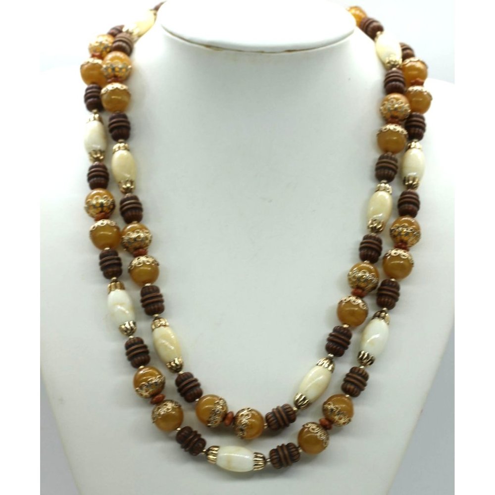 VINTAGE Hong Kong 2 strand acrylic capped bead necklace ornate box clasp 21" EUC